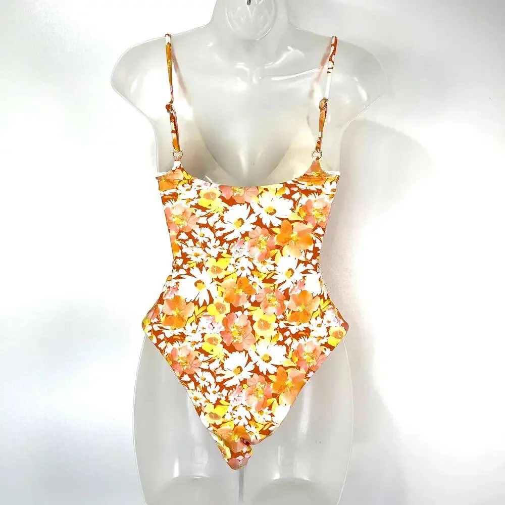 L SPACE Topanga Classic Floral One-Piece Swimsuit Brown Yellow